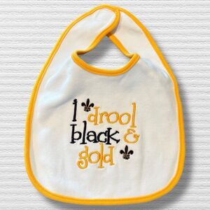 New Orleans Saints Embroidered “I Drool Black & Gold” Bib With Fleur Du La NWOT